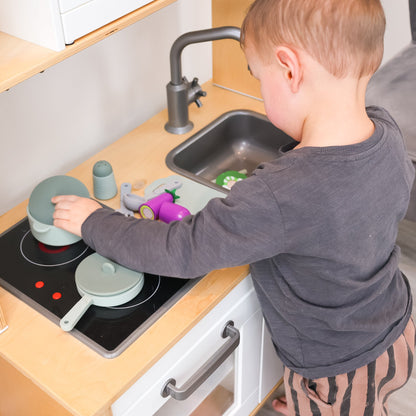 Baby Ellor silicone kitchen play set with colorful toy utensils, pots, and food for imaginative pretend cooking fun.