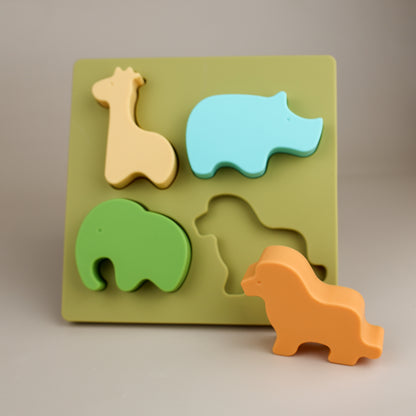 Baby Ellor silicone safari shape puzzle featuring colorful animal-shaped pieces for children’s toys and educational play.