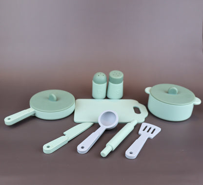 Baby Ellor silicone kitchen play set with colorful toy utensils and cookware for kids' pretend cooking activities.