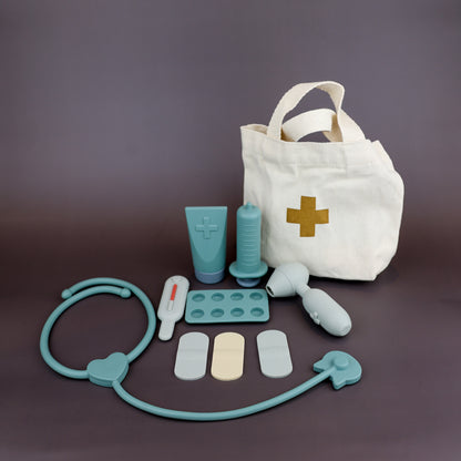 Baby Ellor silicone doctor's toy kit with colorful tools and accessories for pretend play and early learning.
