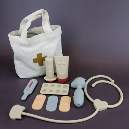 Baby Ellor silicone doctor's kit for toys and games, featuring pretend medical tools and accessories for imaginative play.