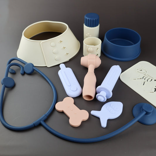 Baby Ellor Store silicone vet set with colorful tools for pretend play and early veterinary education.