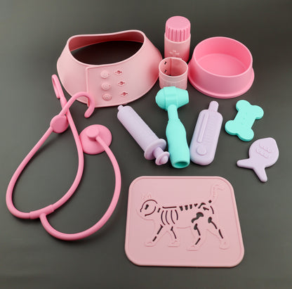 Silicone vets set from Baby Ellor Store with colorful tools and accessories for pretend play and veterinary role-playing.