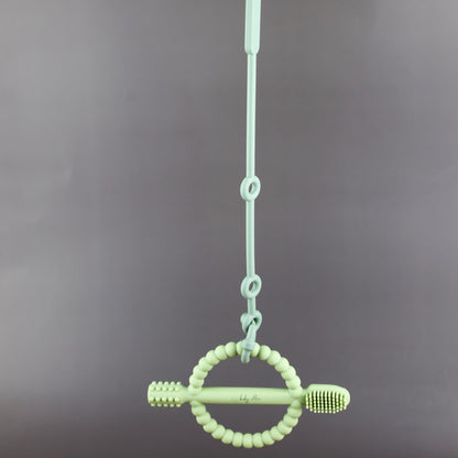 A silicone pacifier strap with a clip and chain design, featuring a pacifier attached to it.