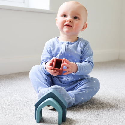 Colorful silicone stacking houses for babies from Baby Ellor Store, featuring various house shapes and bright, soft materials.