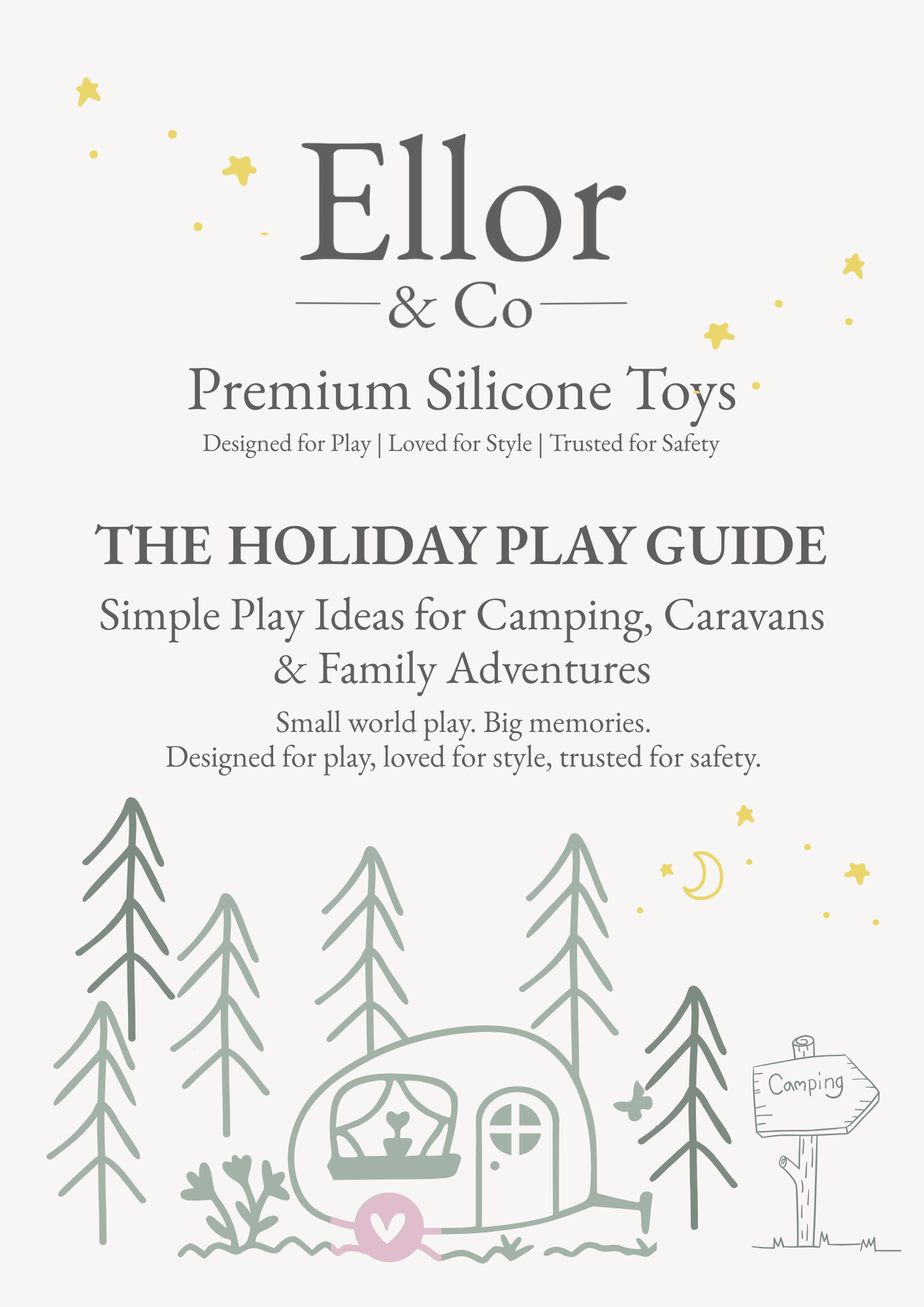 Cover of 'The Holiday Play Guide' by Ellor & Co featuring camping and family adventure illustrations.