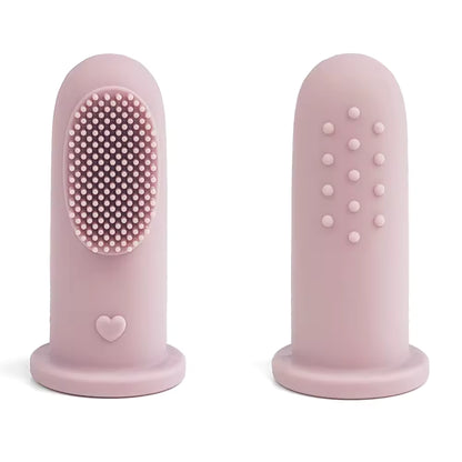Baby Ellor silicone finger toothbrush for babies and toddlers, showing soft, flexible brush on a child's finger for gentle oral cleaning.