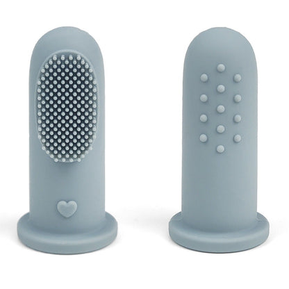 Baby Ellor silicone finger toothbrush for babies and toddlers, showing the soft, flexible brush being worn on a finger.