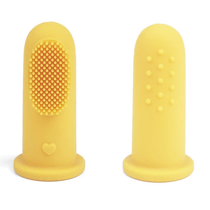 Baby Ellor silicone finger toothbrush for babies and toddlers, showing soft, flexible brush on a child's hand.