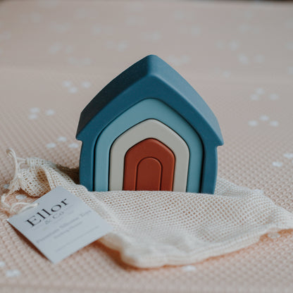 Colorful silicone stacking houses by Baby Ellor Store, designed for children to play and build with durable, soft, and safe materials.