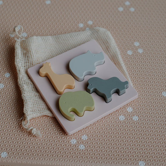 Silicone Safari Shape Puzzle – Food-Grade Silicone Safari Animals & Base (4-Piece Set)