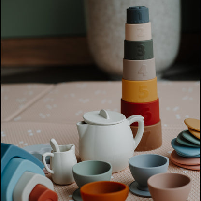 Silicone baby tea set with stacking cups and open-ended play toys